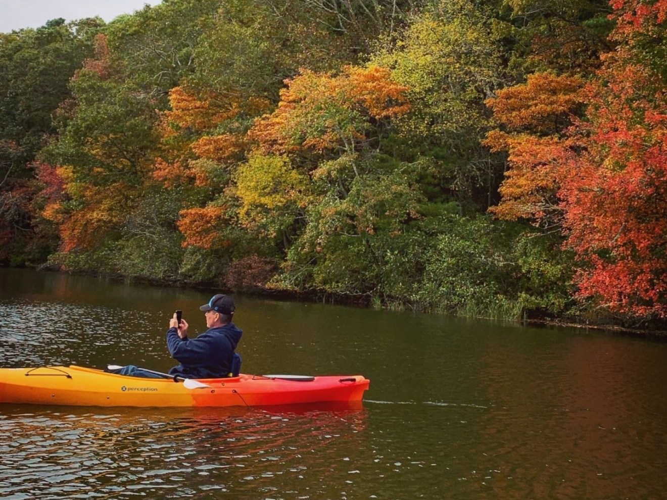 A man in a kayak rental on the Colors of Cape Cod Kayak Tour with RideAway Adventures