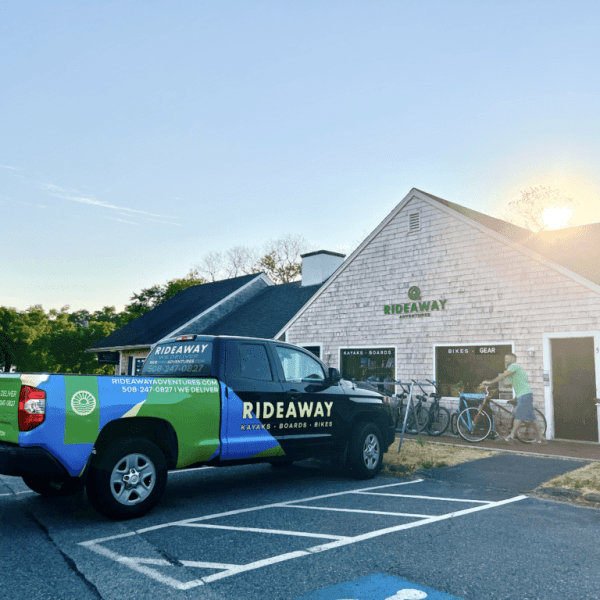 The RideAway Adventure truck parked outside our Sandwich location waiting for the next delivery of kayaks, paddle boards and bikes