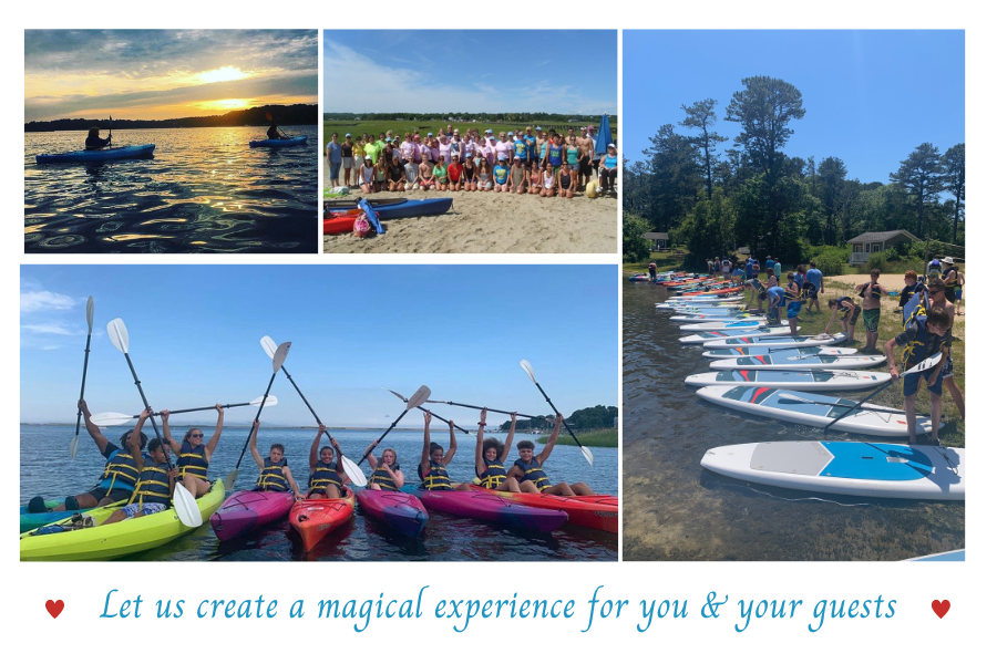 A collage of various photos from wedding events on Cape Cod including sunset kayak tours and stand-up paddleboard adventures to create magical experiences for you and your guests
