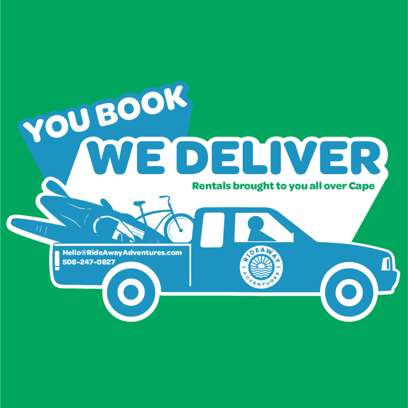 Illustration of a delivery truck with bikes and kayaks, text: 'You Book We Deliver' on green background.