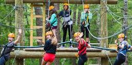 Group of people on a ropes course in a forest, all wearing helmets.